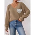 thumbnail image 5 of Sweaters for Female Lantern Sleeve Heart Print Pullover Embroidered Lace Patchwork Knit Pullover Camel S, 5 of 8
