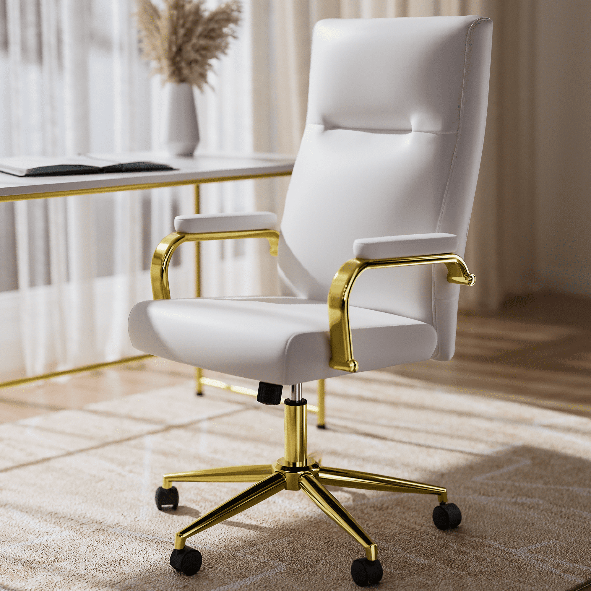 HomeZeer White and Gold Office Chair, Swivel High Back Executive Office Chair with Wheels and Arms, Memory Foam Leather Adjustable Height Computer Desk Chair for Home Office
