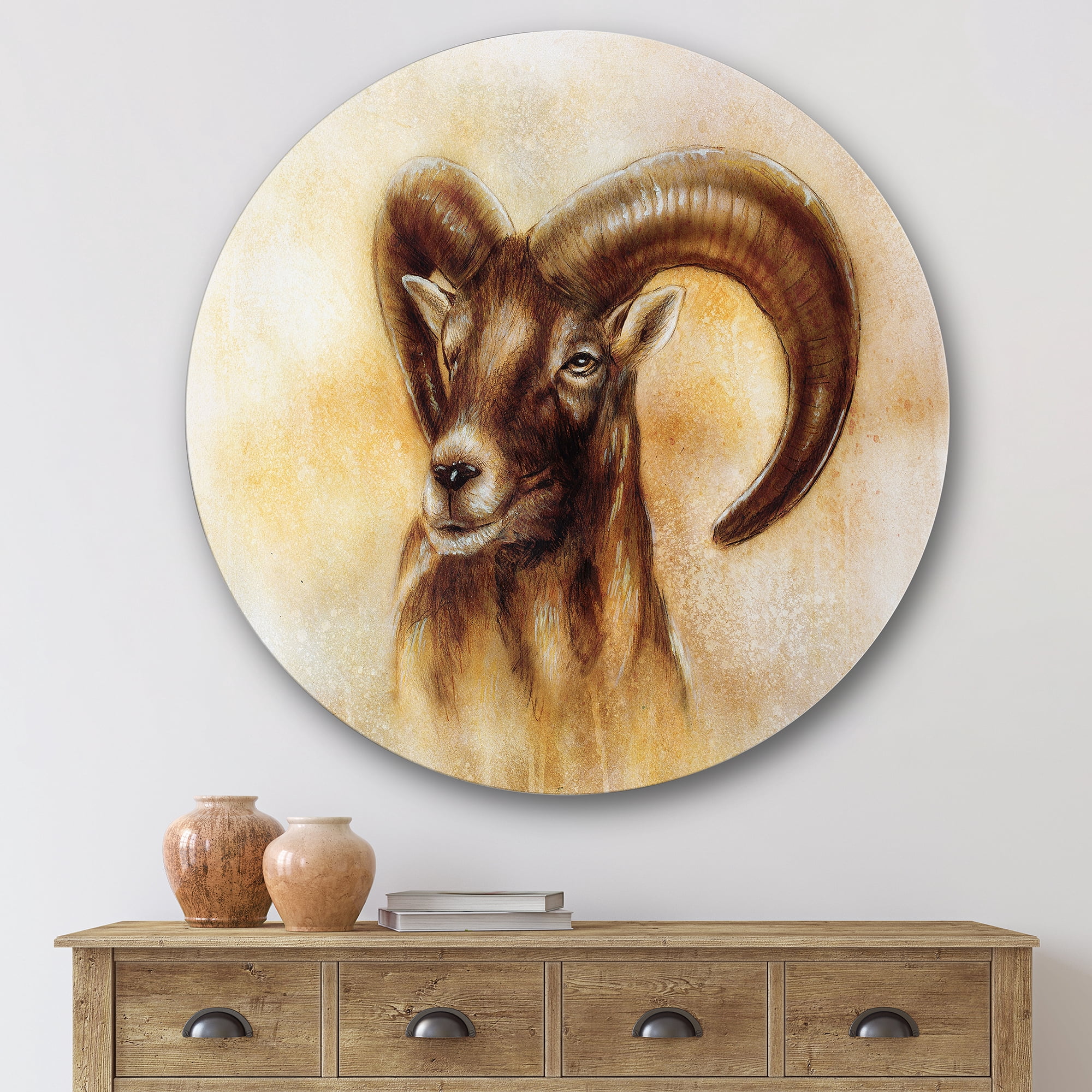 Designart 'Abstract Portrait of Wild Ram With Mighty Horns I' Modern Circle Metal Wall Art 29x29 - Disc of 29