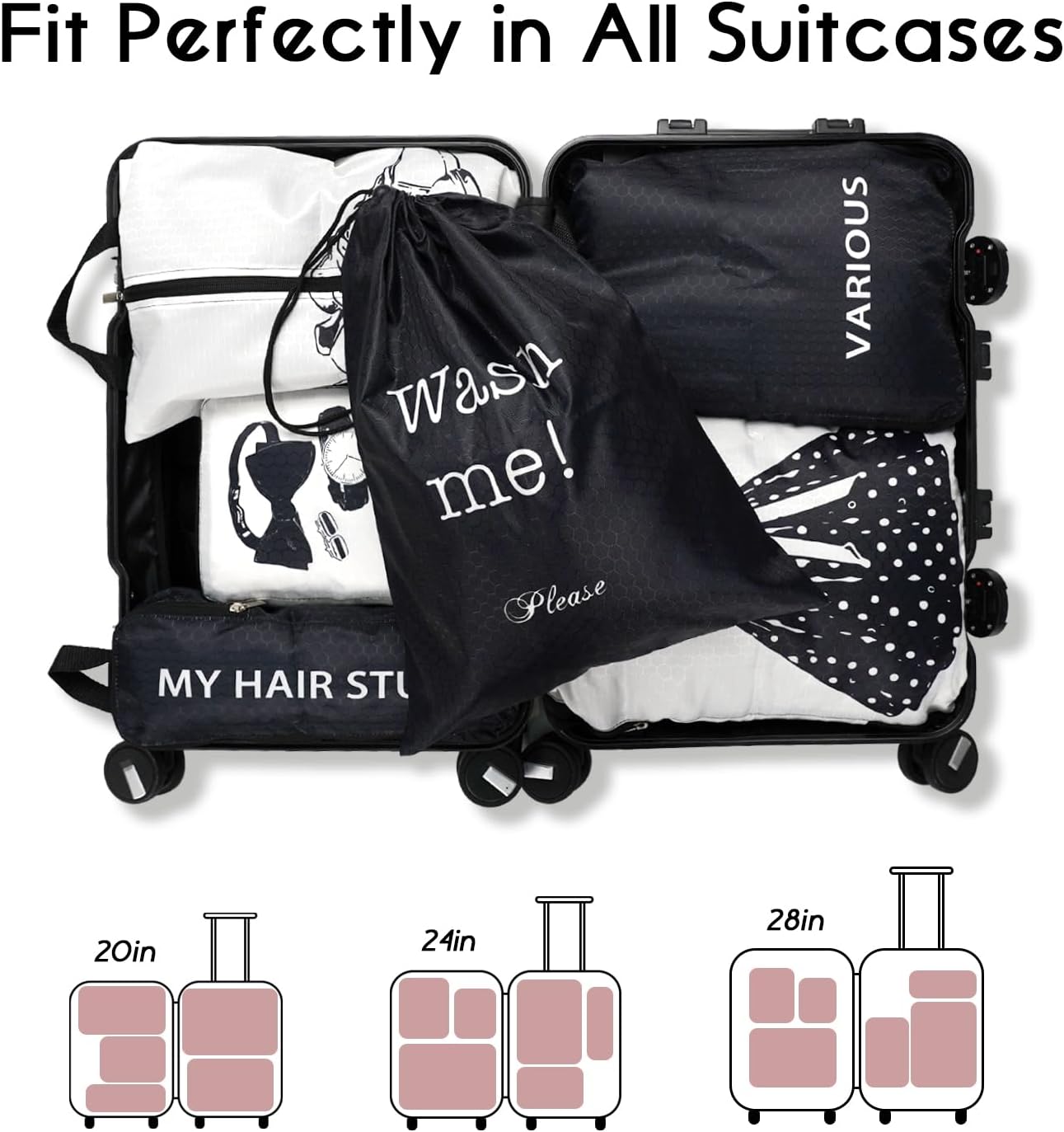 6 Set Compression Packing Cubes for Travel,Packing Cubes for Suitcase Luggage Organizer Bags,Travel Essentials for Carry on Backpack,Ultralight and Waterproof for Women（Simple Black and White）