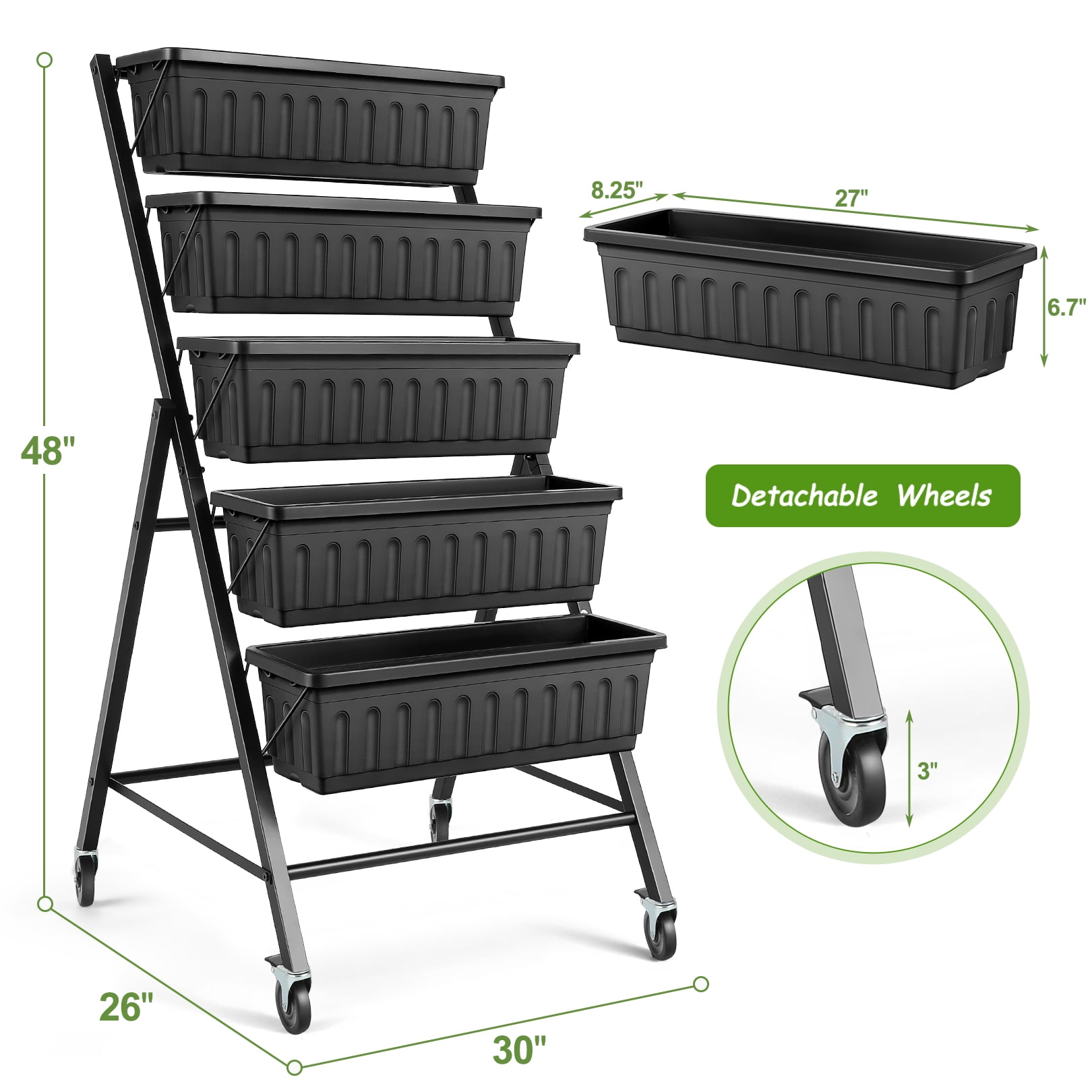Funcid 4 ft Vertical Garden with Removable Locking Wheels 5-Tier Raised Garden Bed Planter Box for Patio Balcony Flower Herb Freestanding Garden Planter - 30"×26"×48"