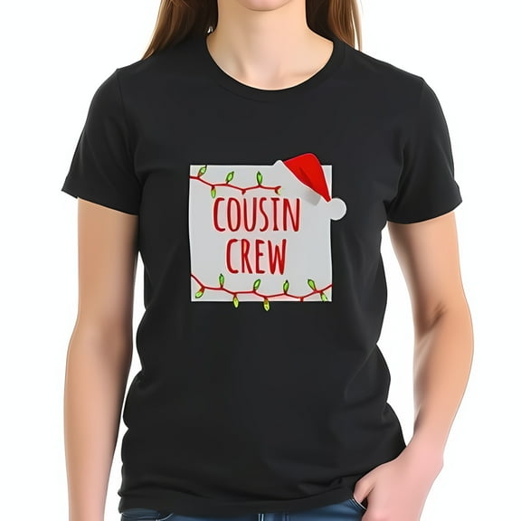 Festive Cotton Short Sleeve T-Shirt for Cousins - " COUSIN CREW " Graphic with Christmas Lights & Santa Hat