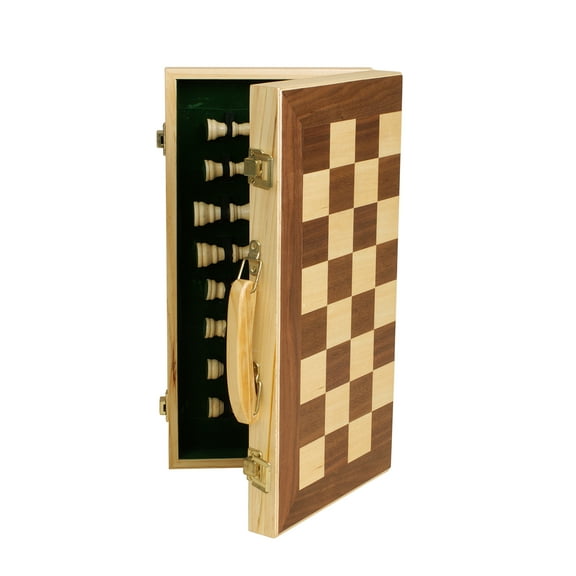 Sterling Games 15" Wooden Folding Chess Travel Set with Brass Locks and Felted Interior Storage with Piece Holders
