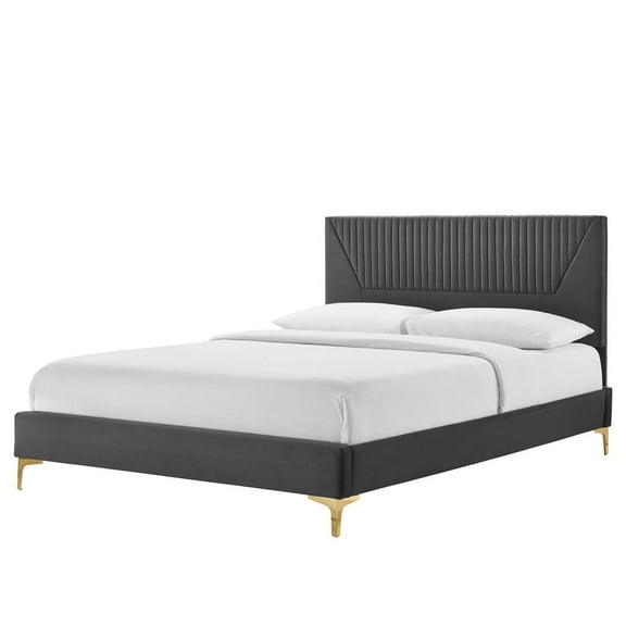 Platform Bed Frame, Tufted, Dark Grey Gray, Velvet, Mid Century Bedroom, Modern Contemporary Boutique HB35552