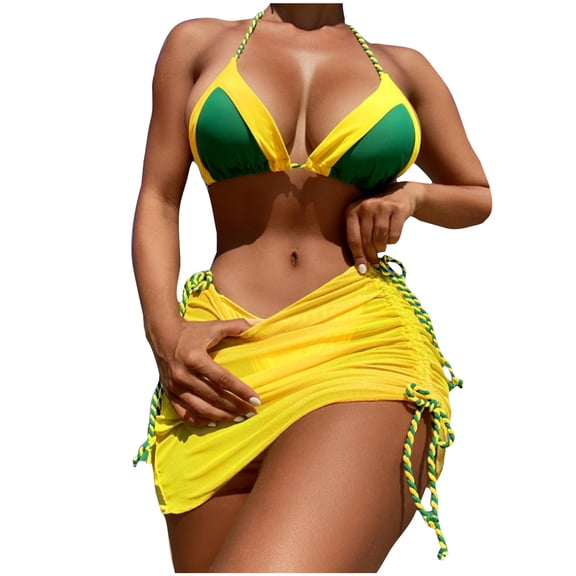 Yuanlook Triangle Bikini Sets for Women 3 Piece Swimsuit Halter Neck Thong Bottoms Bathing Suit with Skirts,Yellow,XL
