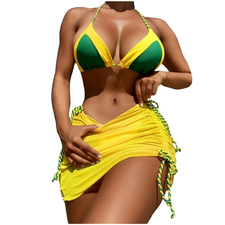 3 Piece Swimsuit for Women Sexy Halter Triangle Bikini Set with Drawstring Beach Coverup Skirt Matching Bathing Suit