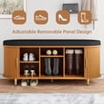 thumbnail image 5 of 2-Tier Storage Bench,Wide Shoe Bench with Thickened Padded Seat Cushion, Mid Century Modern Fluted Sliding Door and Adjustable Shelf, for Entryway, Living Room, Bedroom (Yellow Walnut, 43.3“), 5 of 7