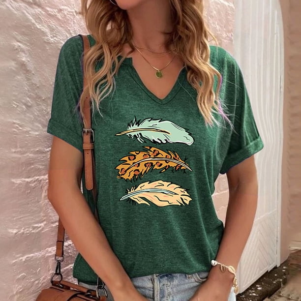 Fiudx Ofertas Flash Del Día Solo En Línea Blusas con Cuello En V de Manga Corta con Estampado Informal a La Moda para Mujer
