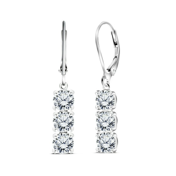 JeenMata 1 Carat Round Cut Moissanite Three Stone Drop Leverback Earrings in 18k White Gold over Silver