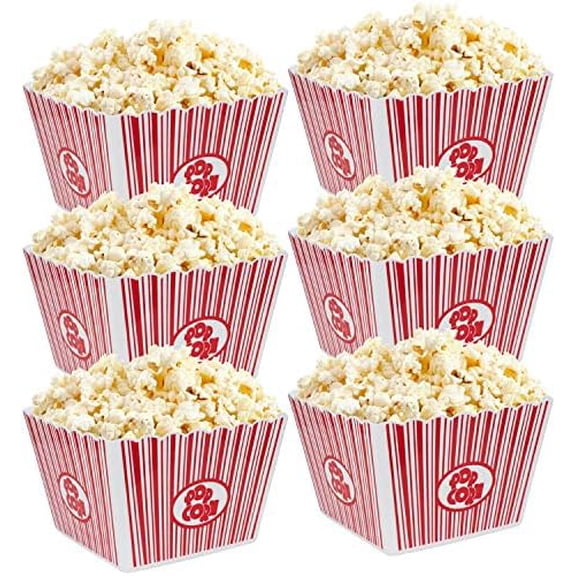 6 Pack Popcorn Containers, Plastic Movie Theater Style Popcorn Container Set, Red & White Striped Classic Popcorn Boxes for Movie Night, Reusable (Square, 9" x 9" x 6")