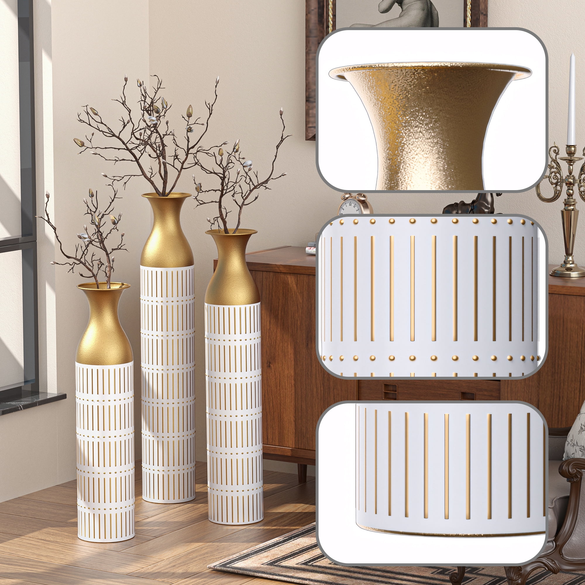 Aukfa Tall Floor Vase for Flowers,Set of 3 Large Metal Glazed Vase,24.5"/28.75"/33.5",White