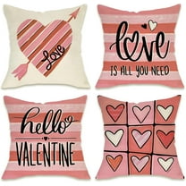 Hello Valentines Day Decorative Throw Pillow Covers 20 x 20 Set of 4, Peach Pink Love Hearts Arrow Plaid Stripes Outdoor Pillowcase, Anniversary Wedding Sofa Couch Cushion Case Home Decor