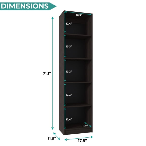 TUHOME Home XS 5-Tier Tall Narrow Bookshelf, 71.1" Slim Bookcase for Small Spaces, Engineered Wood