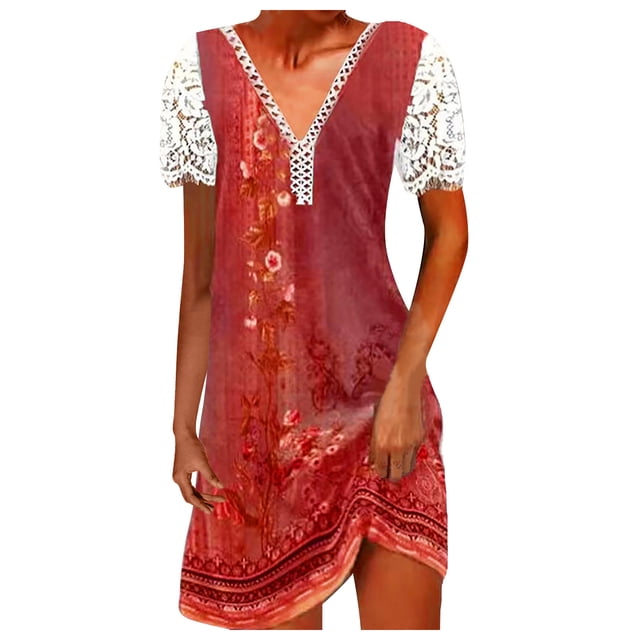 Cameland Robe Ample pour Femme à Col en V, Mode Décontractée, Style Élégant, Chandail à Manches Courtes, Imprimé en Dentelle