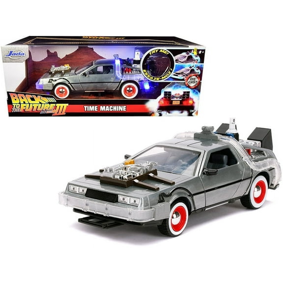 DeLorean Brushed Metal Time Machine with Lights Back to the Future Part III" (1990) Movie "Hollywood Rides" Series 1/24 Diecast Model Car by Jada"