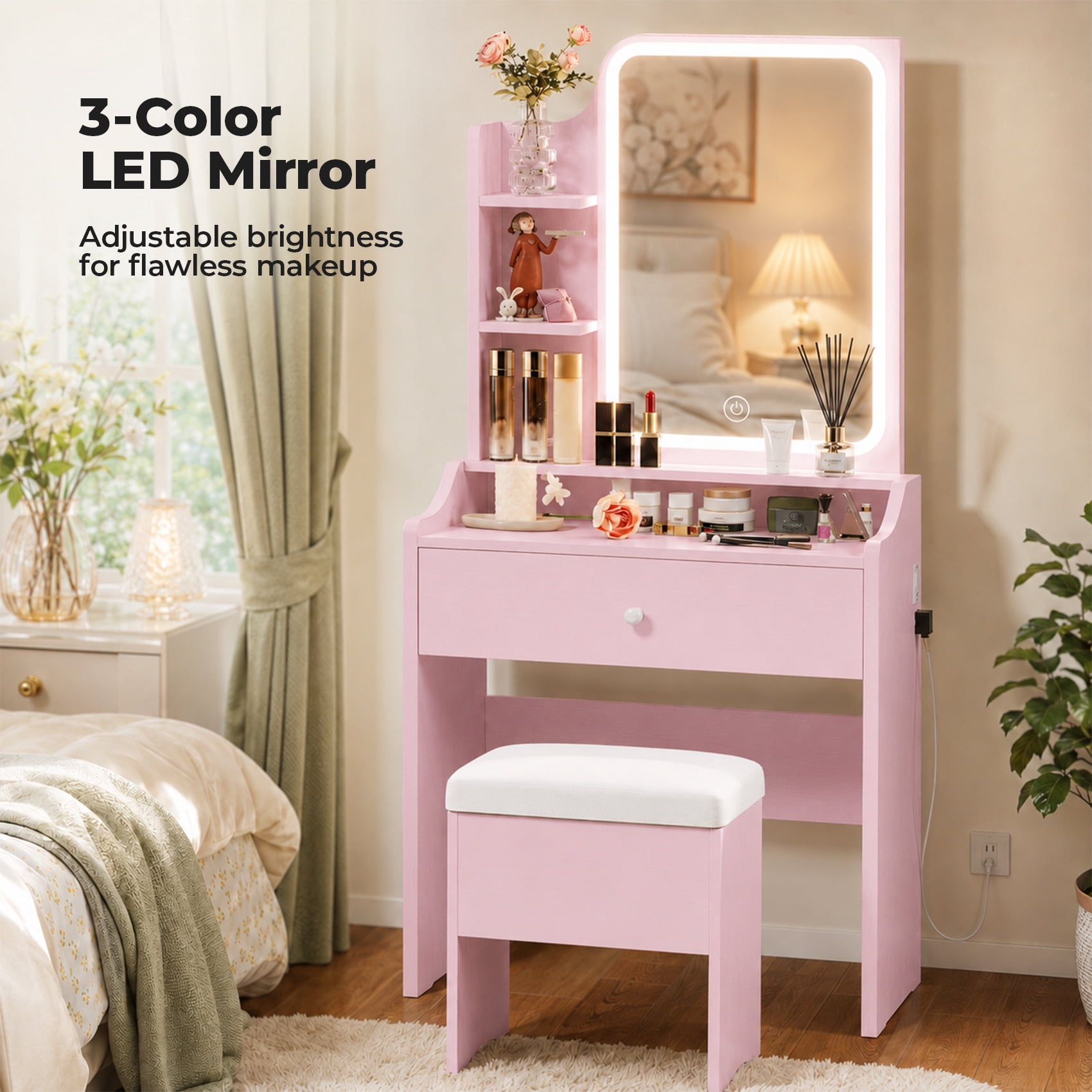 Alvantor Vanity Desk Set With Mirror, Lights, Storage Drawer, And Stool