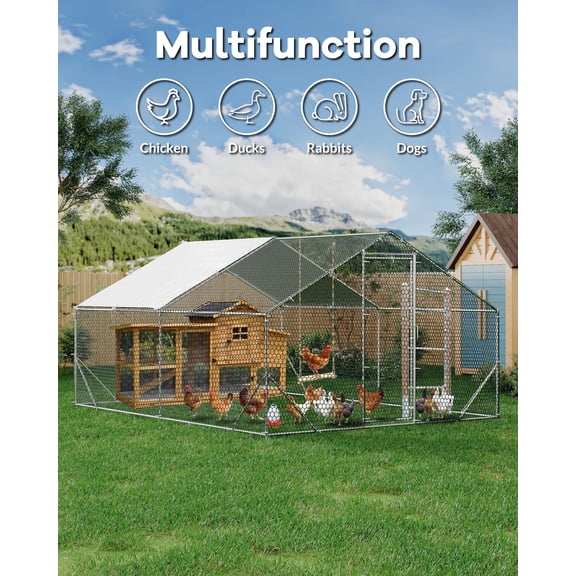 Garvee Spacious Walk-In Metal Chicken Coop - Outdoor Poultry Cage with Reinforced Roof, Secure Enclosure, Waterproof & UV-Resistant Cover - Fits 10-20 Chickens, Backyard Pet Playpen