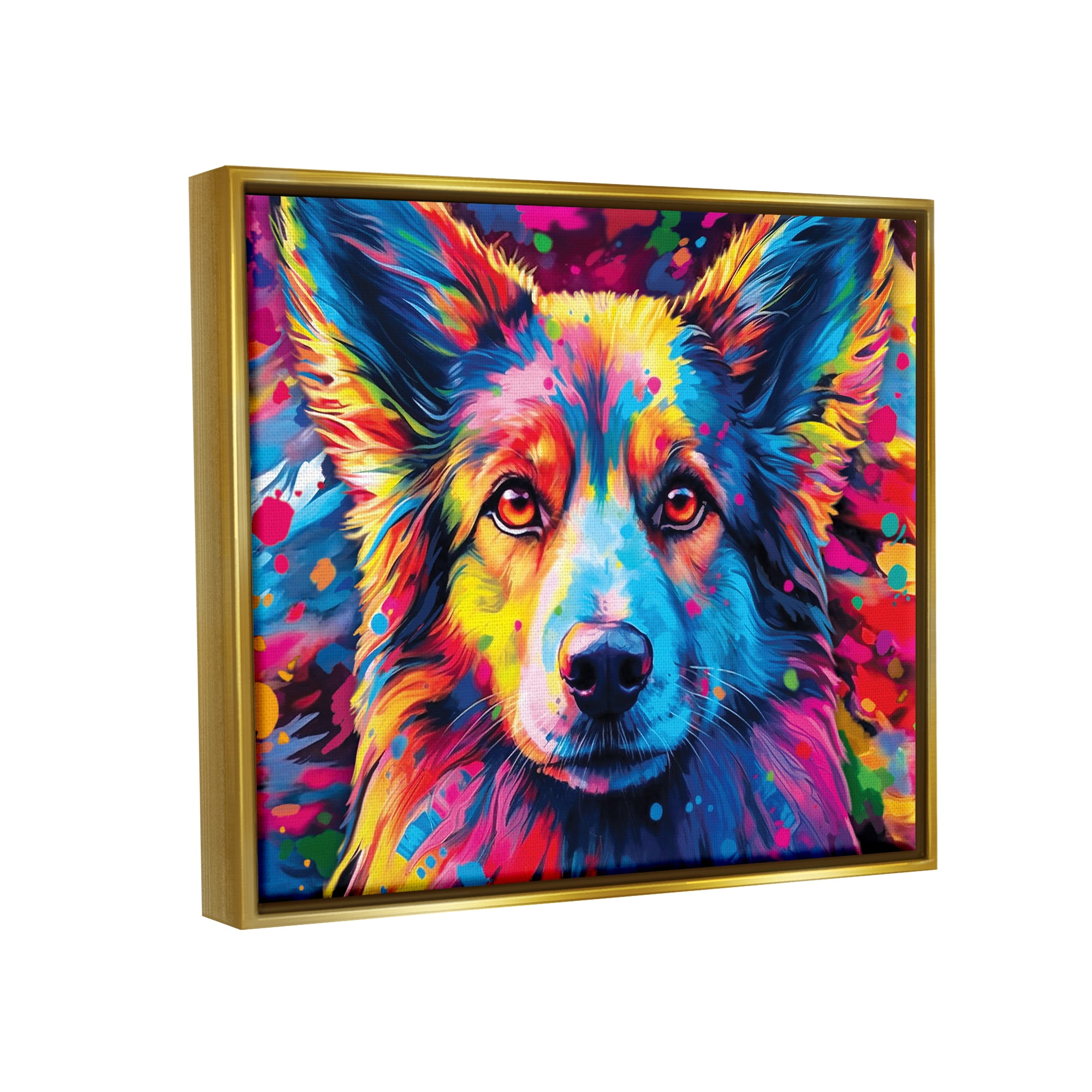 Stupell Industries Dog with Vivid Paint Splash Animals & Insects Painting Gold Floater Framed Canvas Art Print Wall Art, 21 x 17