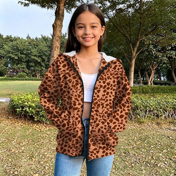 EnJoCho Girls Leopard Print Hoodie Zip Up Full Zip Hooded Sweatshirt Jacket Long Sleeve Fleece Lined Casual Fall Winter Coat with Pockets for Kids Teens