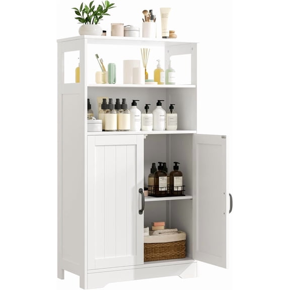 43.3" H Bathroom Storage Cabinet with Doors, Freestanding Small Organizer, Farmhouse Cupboard, Adjustable Shelves for Laundry, Kitchen, Living Room, White