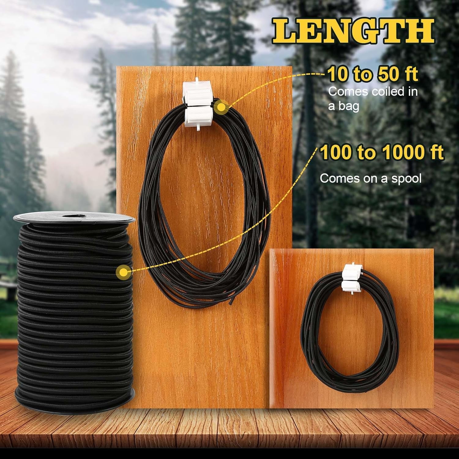 Strong and Durable Bungee Cord Roll - 1/4" x 100ft Elastic Cord, Kayak Stretch String Rope, Bungee Shock Cords for Repairing Tent Poles, DIY, Tie Downs, Black