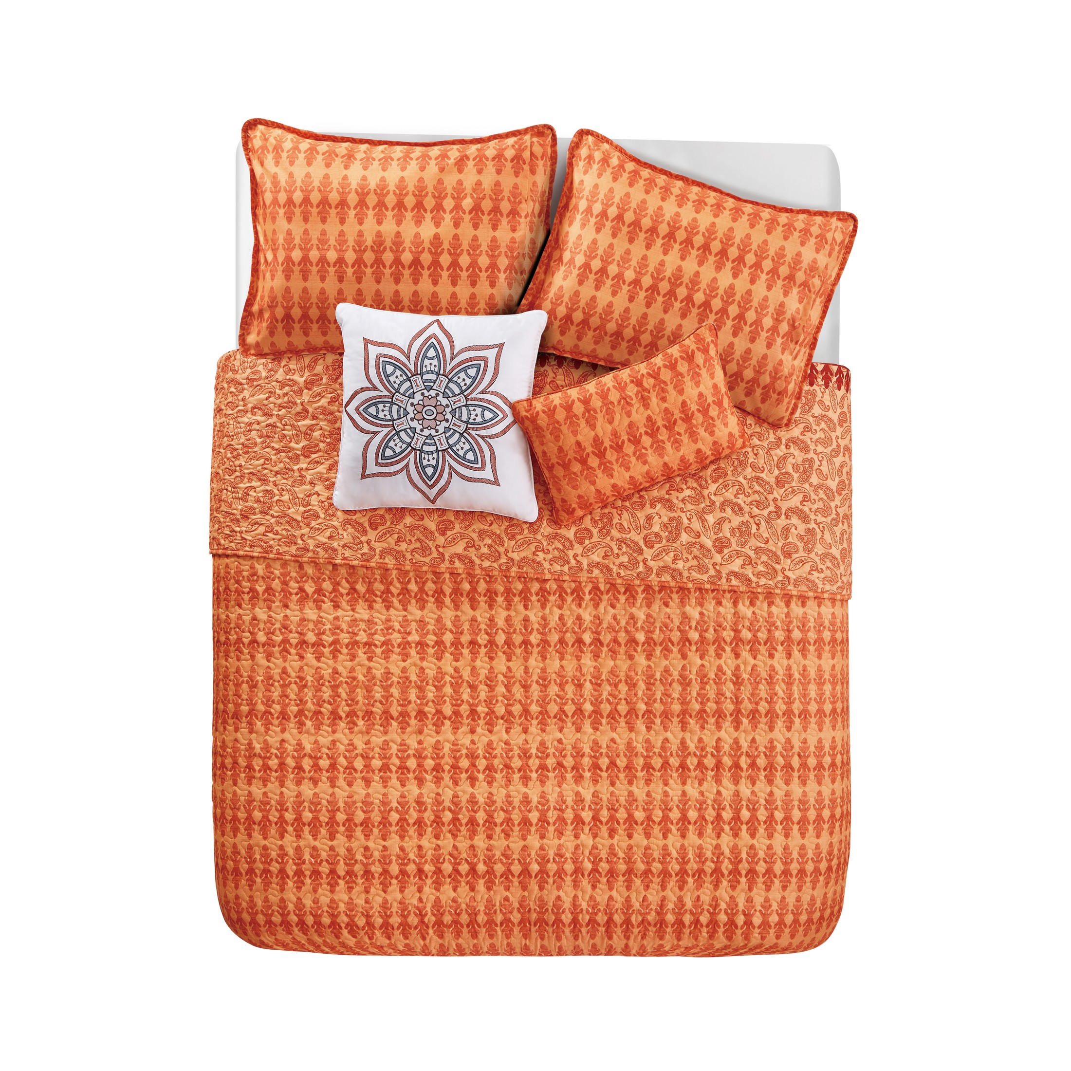VCNY Home Ezra 5-Piece Orange Medallion Reversible Quilt Set, Full/Queen