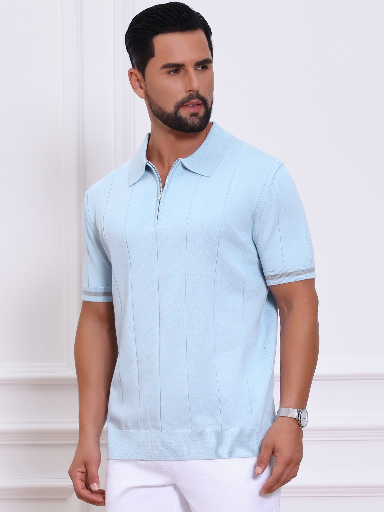 DARING DIVA Men's Textured Zip Up Ribbed Hem Short Sleeve Golf Polo Shirts S Light Blue