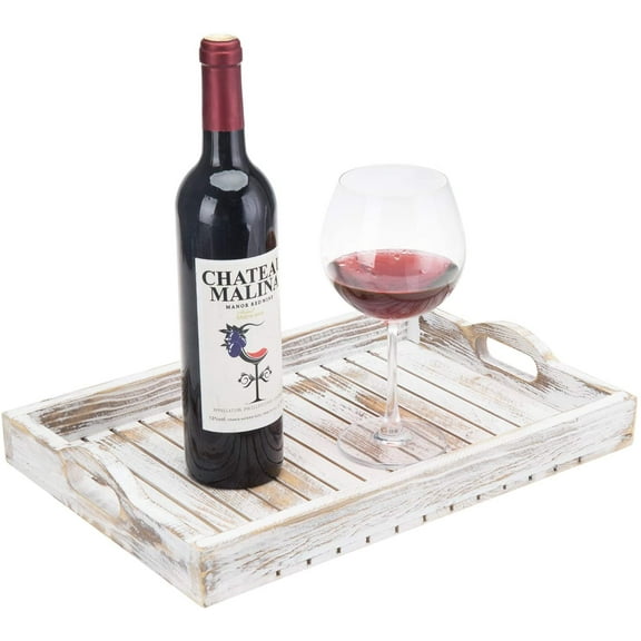 MyGift Shabby Chic Whitewashed Wood Rectangular Breakfast Serving Tray with Cutout Handles
