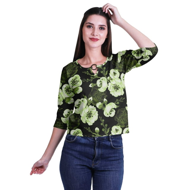 Moomaya Printed Keyhole Neck Ring Top Casual 3/4th Sleeve Tees Tank Tunic Top