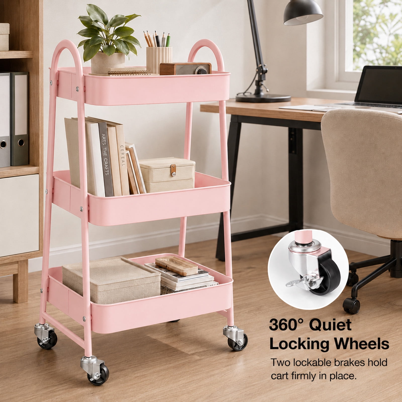 Alvantor 3-Tier Rolling Cart, Metal Rolling Utility Cart with Lockable Wheels, Multi-Functional Heavy Duty Storage Cart Organizer for Bathroom, Kitchen, Living Room, Office
