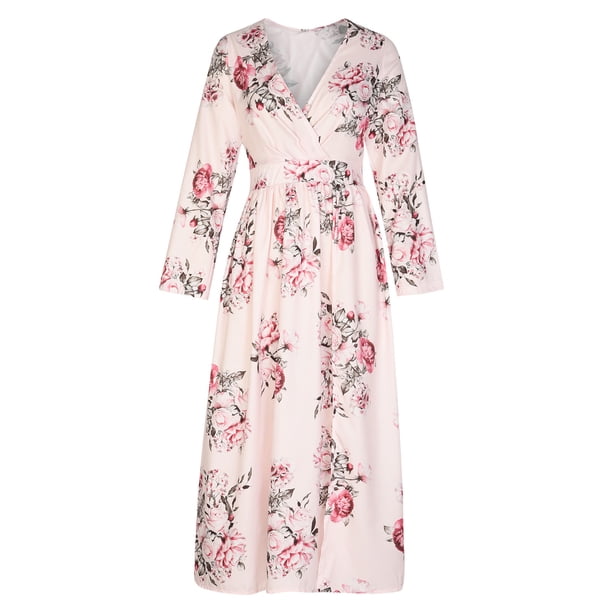 Vestidos bohemios divididos con estampado floral de manga larga con cuello en V informal de verano para mujer Fridja yut5233