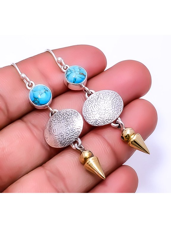 Copper Blue Turquoise 925 Sterling Silver Two Tone Arrow Head Earring 2.34" E43, Handmade Jewelry, Dangle Earring
