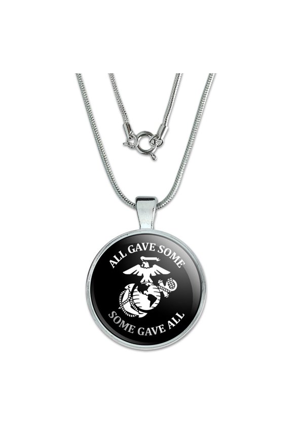 All Gave Some Some Gave All Marines USMC White on Black Officially Licensed 1" Pendant with Sterling Silver Plated Chain