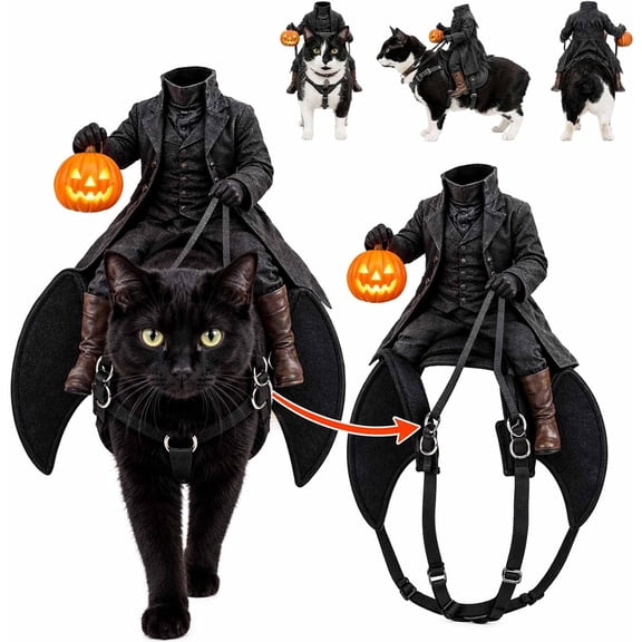 Headless Horseman Cat Costume Spooky 3D Riding Illusion Pet Halloween Cosplay Outfit Adjustable Magic Tape for Cats Kittens Small Dogs Black