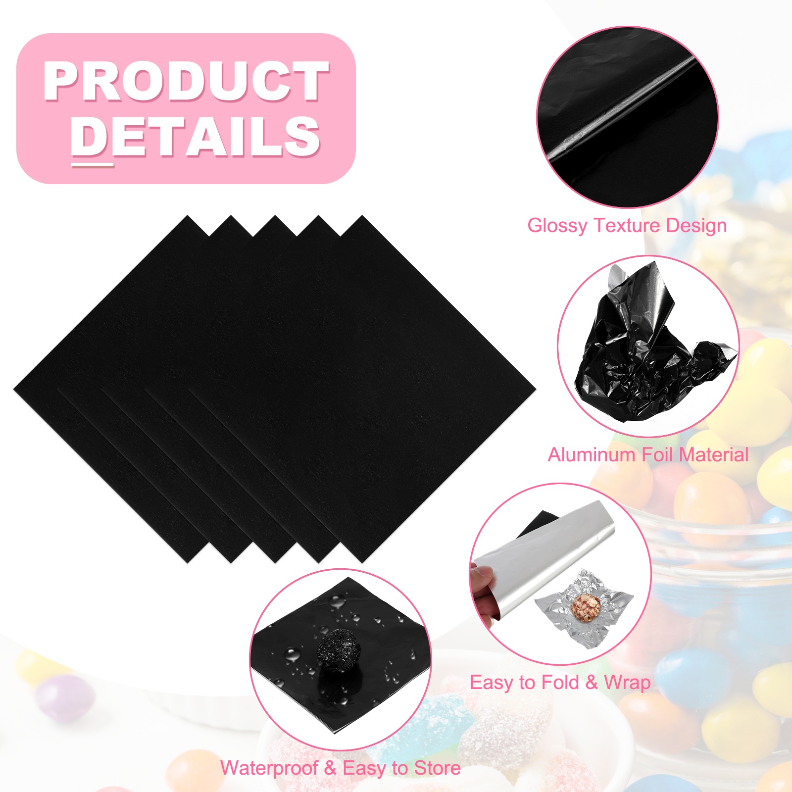 Uxcell 200 Pcs Candy Foil Wrappers, 7.87 x 7.87 Inch Aluminium Foil Chocolate Bar Square Wrappers for Tea Brownies DIY Packaging Wedding Party Decoration, Black