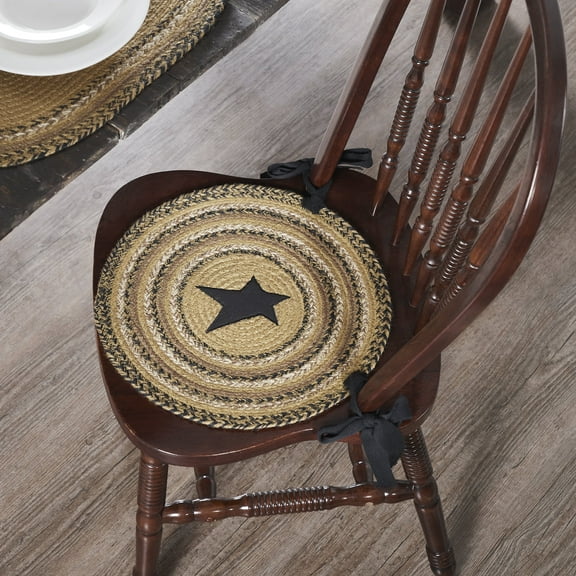 VHC Brands Kettle Grove Woven Jute Chair Pad with Ties, 15" Round, Applique Star