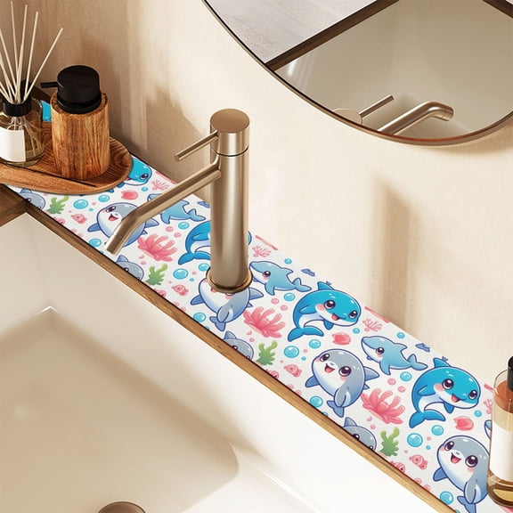 Faucet Mat for Kitchen Sink 30'' Sink Splash Guard Mat Super Absorbent Fast Drying Drain Pad Lovely Dolphin and Coral 2 Pack