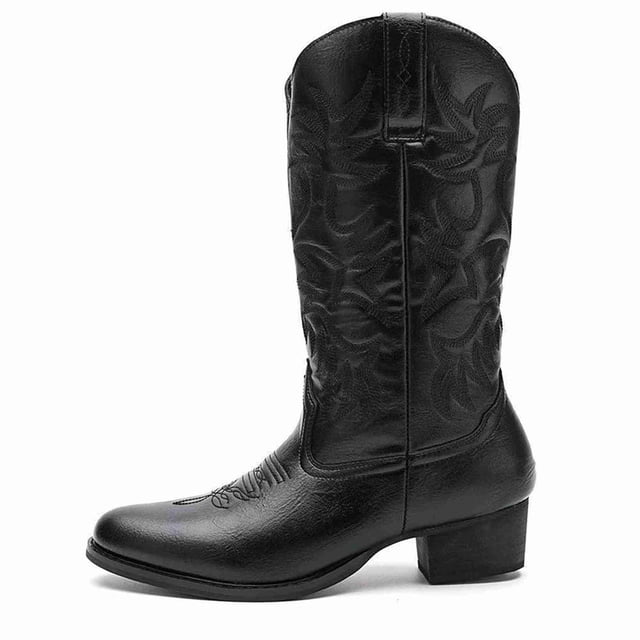 Men's Classic Embroidered Western Cowboy Boots – Vintage Distressed Mid-Calf Riding Boots with Pointed Toe Black/Brown