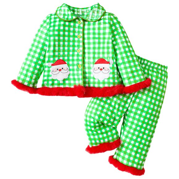 Splozh Girls Christmas Pajamas Toddler Kids Childrens Christmas Set Baby Girls Cute Grid and Cartoon Prints Long Sleeved Pajamas Two Piece Set Green,2-3 Years