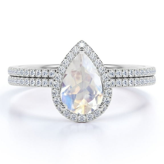 JeenMata 1.5 carat Teardrop Rainbow Moonstone and Moissanite Eternity Bridal Ring Set in 18k White Gold over Silver