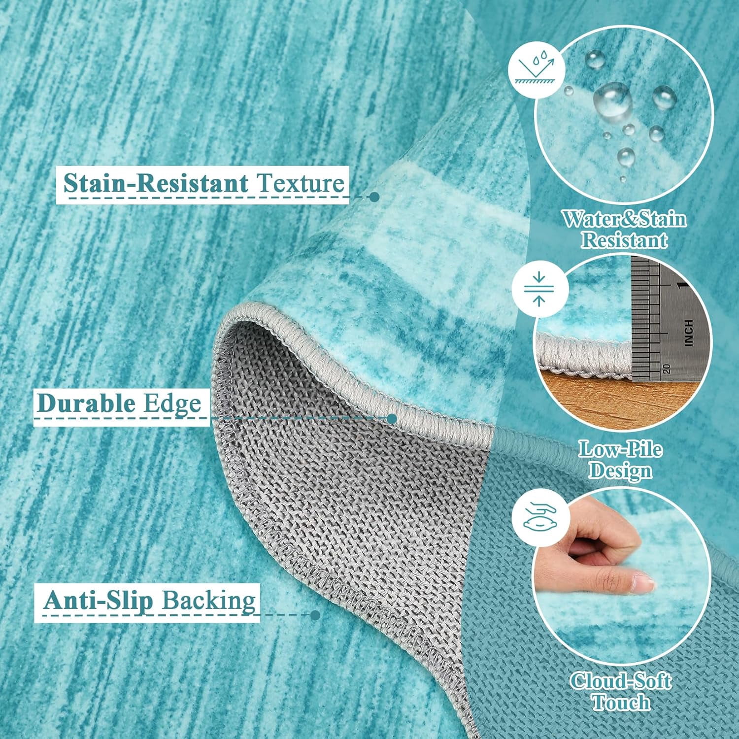 Low Pile Non Slip Area Rug Washable 5’x7’, Teal Scalloped Wavy Edge Indoor Carpet for Living Room Nursery Bedroom Office, Soft Neutral Home Decor, Teal