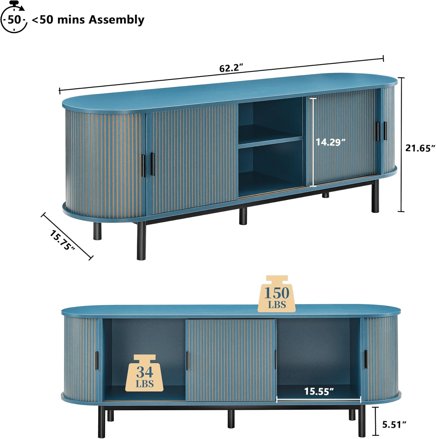 LEFHDA 62" TV Stand, Storage Cabinet and Entertainment Center with Tambour Door, Mid Century Modern TV Stand for Living Room, Modern TV Console Table for 65/70 Inch TV (Blue)