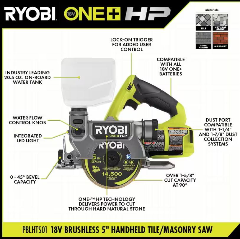 RYOBI - ONE+ HP 18V Cordless Handheld Wet/Dry Masonry Tile Saw (Tool Only)