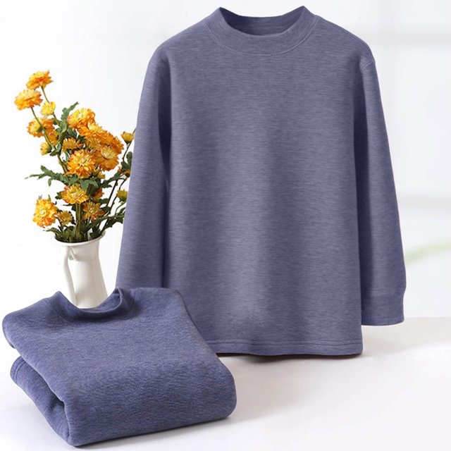 Children's Winter Solid Color Half High Collar Base Shirt With Thick Knitted Base And Fleece Warm Jacket For Kids