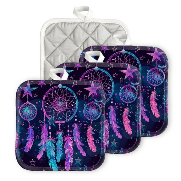 BaHomeck Pot Holders 4pcs dacron Made Square heat-resisting mat Machine Washable for Kitchen Oven Hot Pads 6.7inch*6.7inch,Dreamcatchers And Feathers With Stars