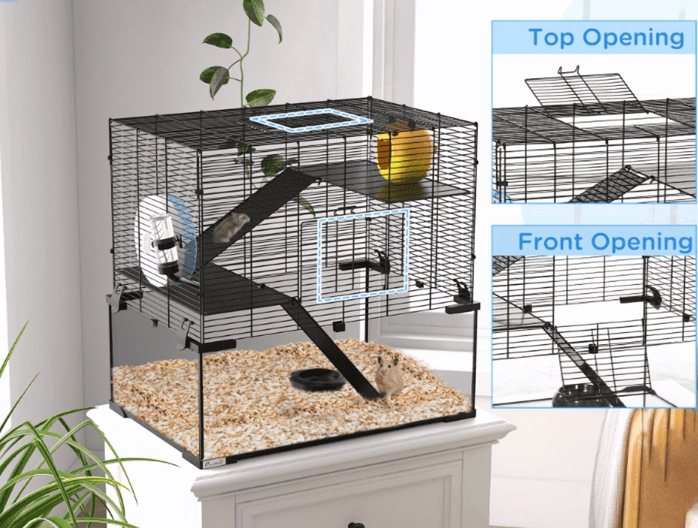 23.5" Hamster Cage, Gerbil Cage with Glass Basin, Multi-Level Small Animal Habitat for Syrian Hamsters, Rats & Gerbils - Black