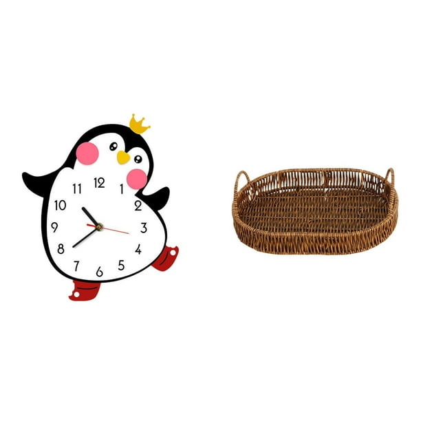 Precioso Reloj De Pared De Madera Con Forma De Pingüino De Dibujos Animados Y Cesta De Mimbre Tejida, Frutero Ovalado, Organizador Decorativo Multifuncional A Pilas Para El Hogar, Para