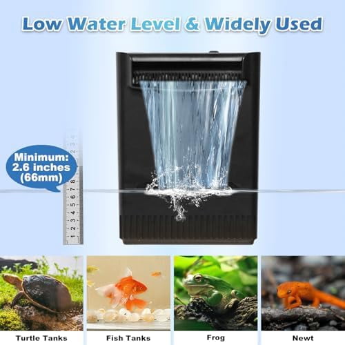 290GPH Turtle Tank Filter for 20-85 Gallon, Turtle Filter Low Water Level Available and Flow Adjustable, Turtle Water Filter for Shrimps Amphibians Turtle Tank Saltwater Freshwater Crystal Clear