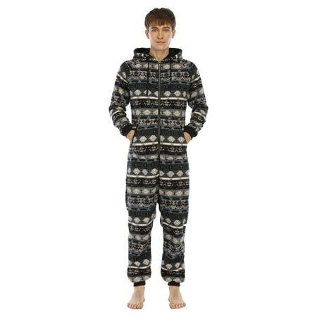 

Mens Pajamas Set Long Sleeve Printed Jumpsuit Zipper Hood Pyjamas Nightwear With Pockets