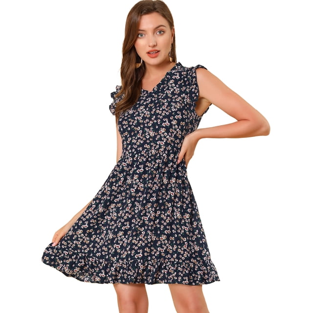 Vestido de Mujer Allegra K con Estampado floral Cuello En V Sin mangas con volantes Negro S